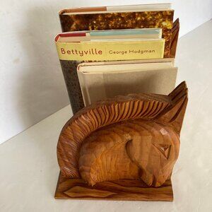 Set of Two Hand Carved Wood Horse Head Book Ends